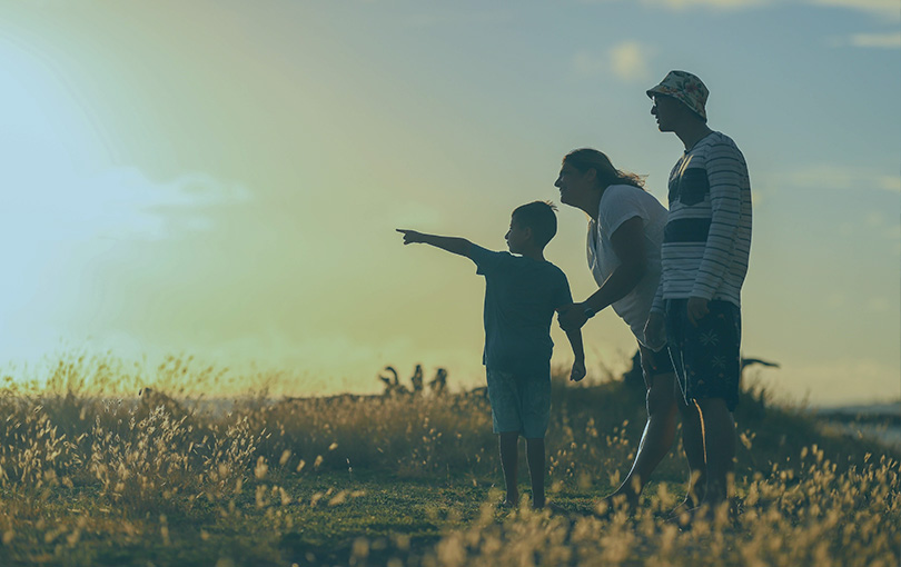 A boy and his parents. The boy is pointing off into the distance.